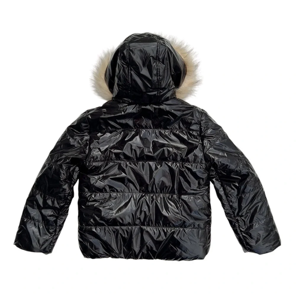 Hudson Kids Puffer Jacket Girls XL (16) High Gloss Deep Black Faux Fur New NWT
